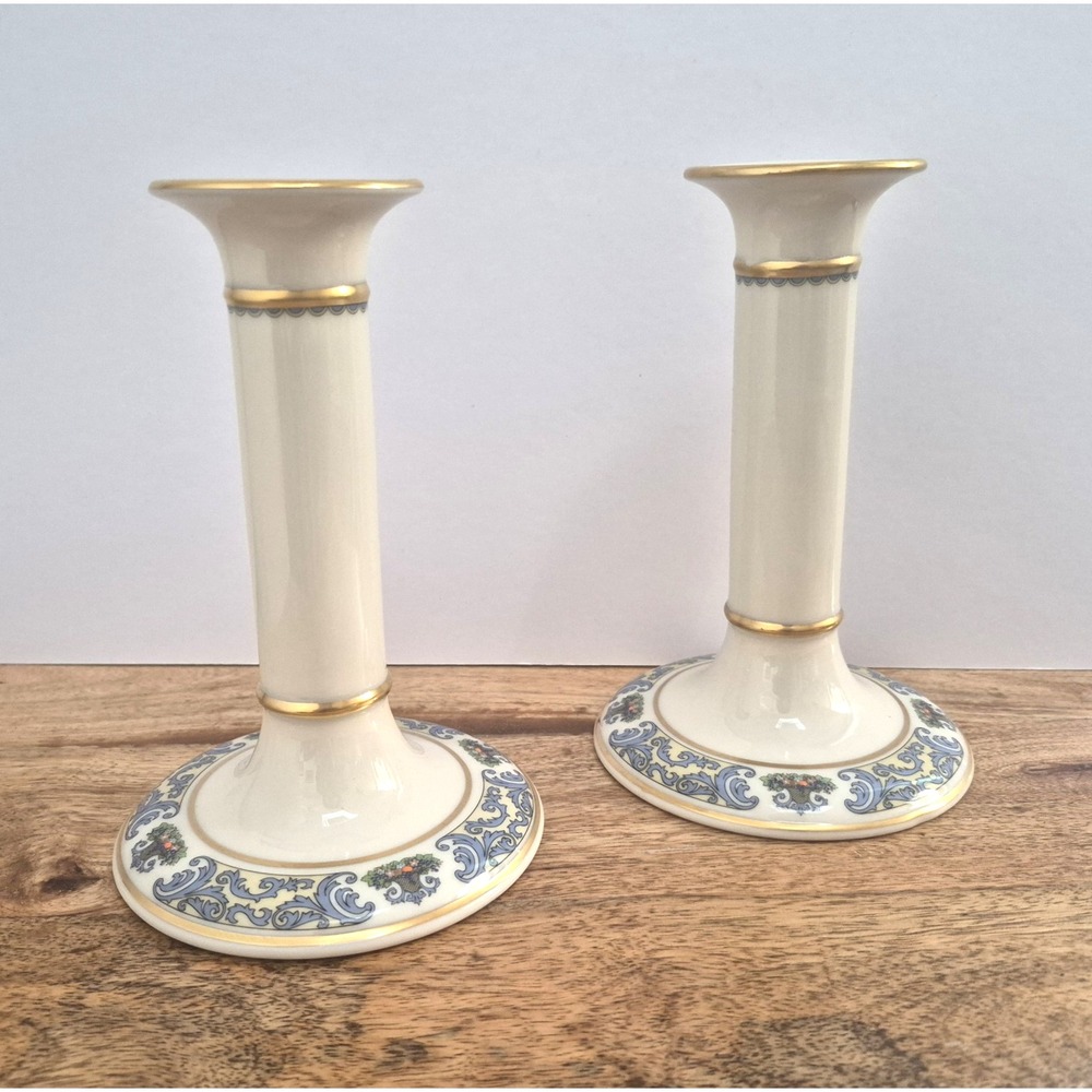 Vintage Pair Lenox Autumn Presidential Column Candlesticks Porcelain 24K Gold
